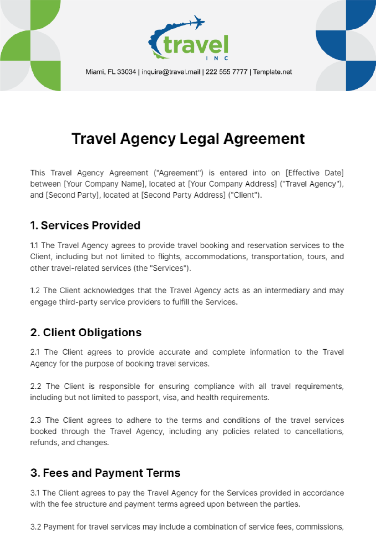 Free Travel Agency Legal Agreement Template