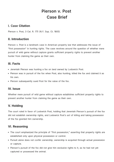 Free Pierson v. Post Case Brief Template to Edit Online