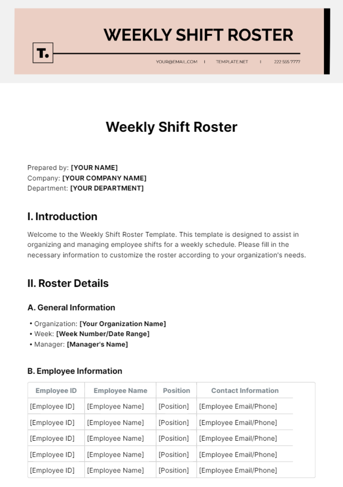 Weekly Shift Roster Template
