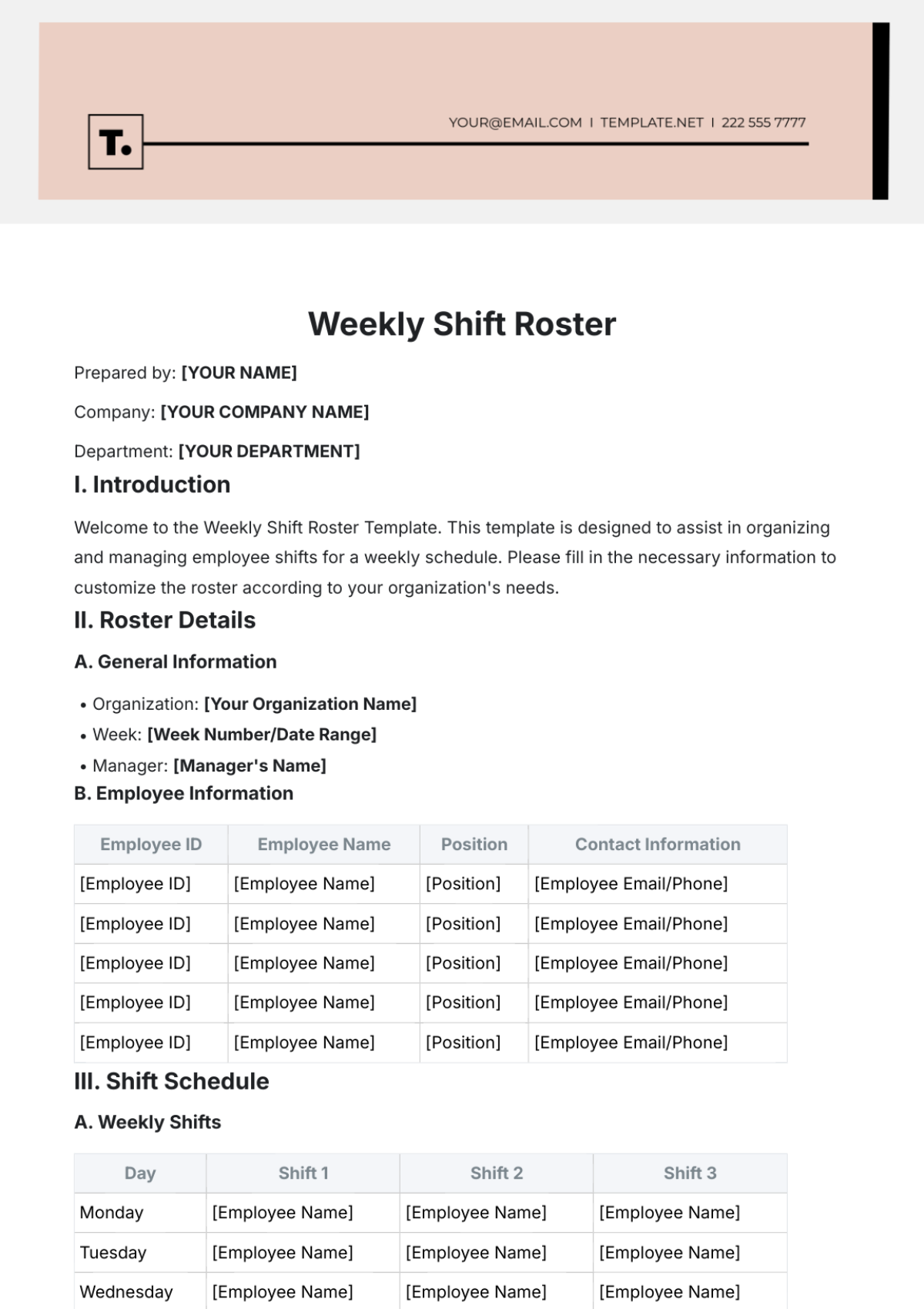 Weekly Shift Roster Template