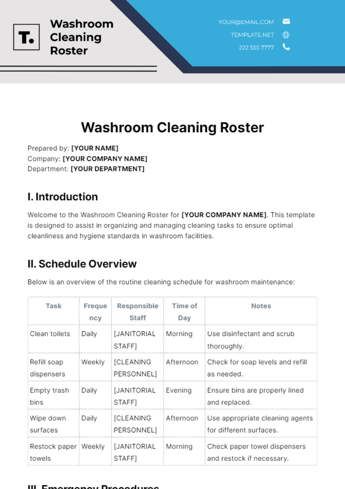 Free Washroom Cleaning Roster Template