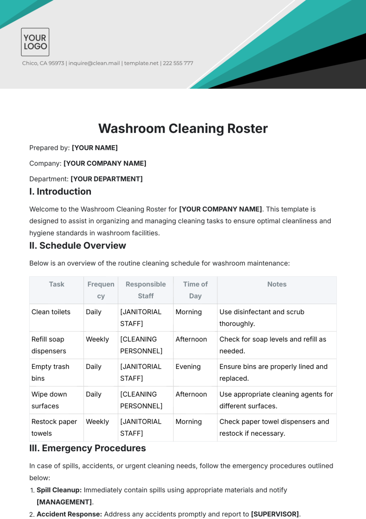 Washroom Cleaning Roster Template