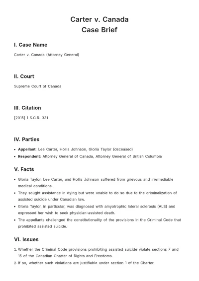 Free Carter v. Canada Case Brief Template to Edit Online