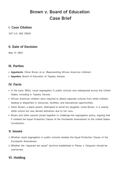 Free Brown v. Board of Education Case Brief Template to Edit Online