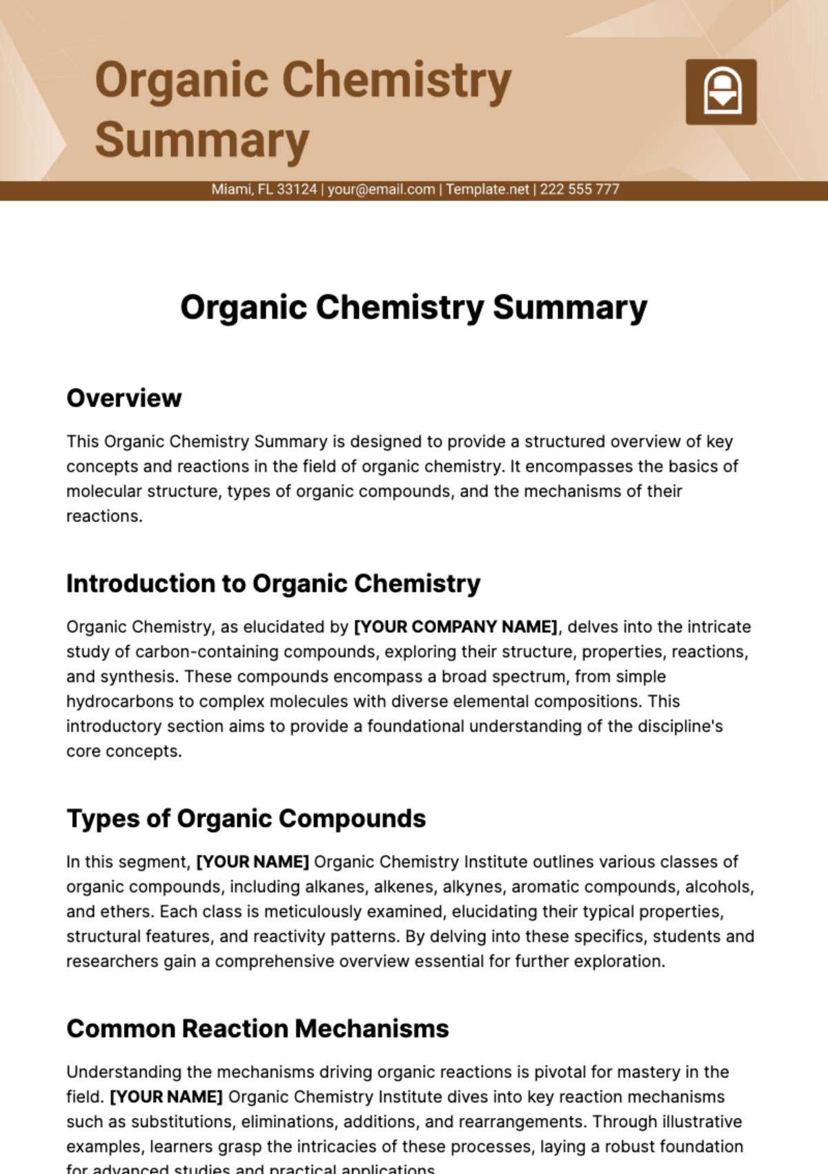 Free Organic Chemistry Summary Template