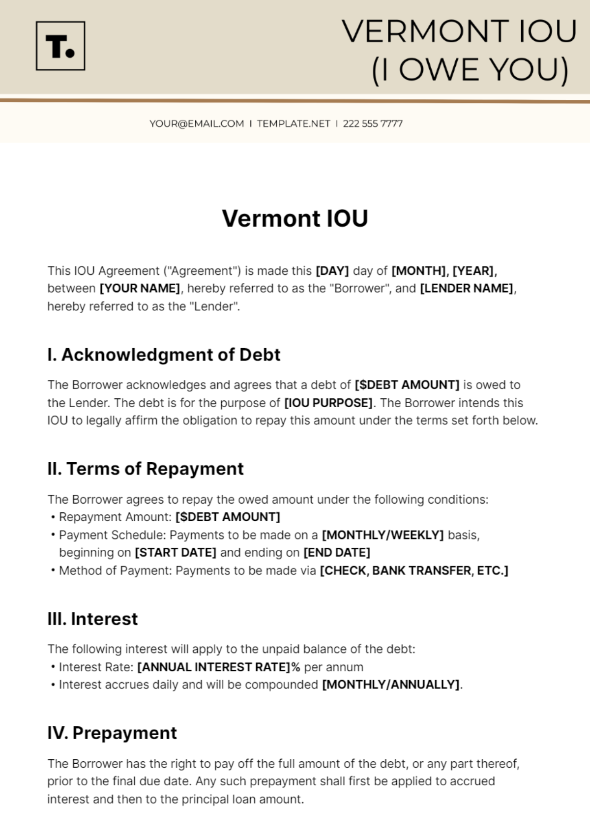 Vermont IOU Template
