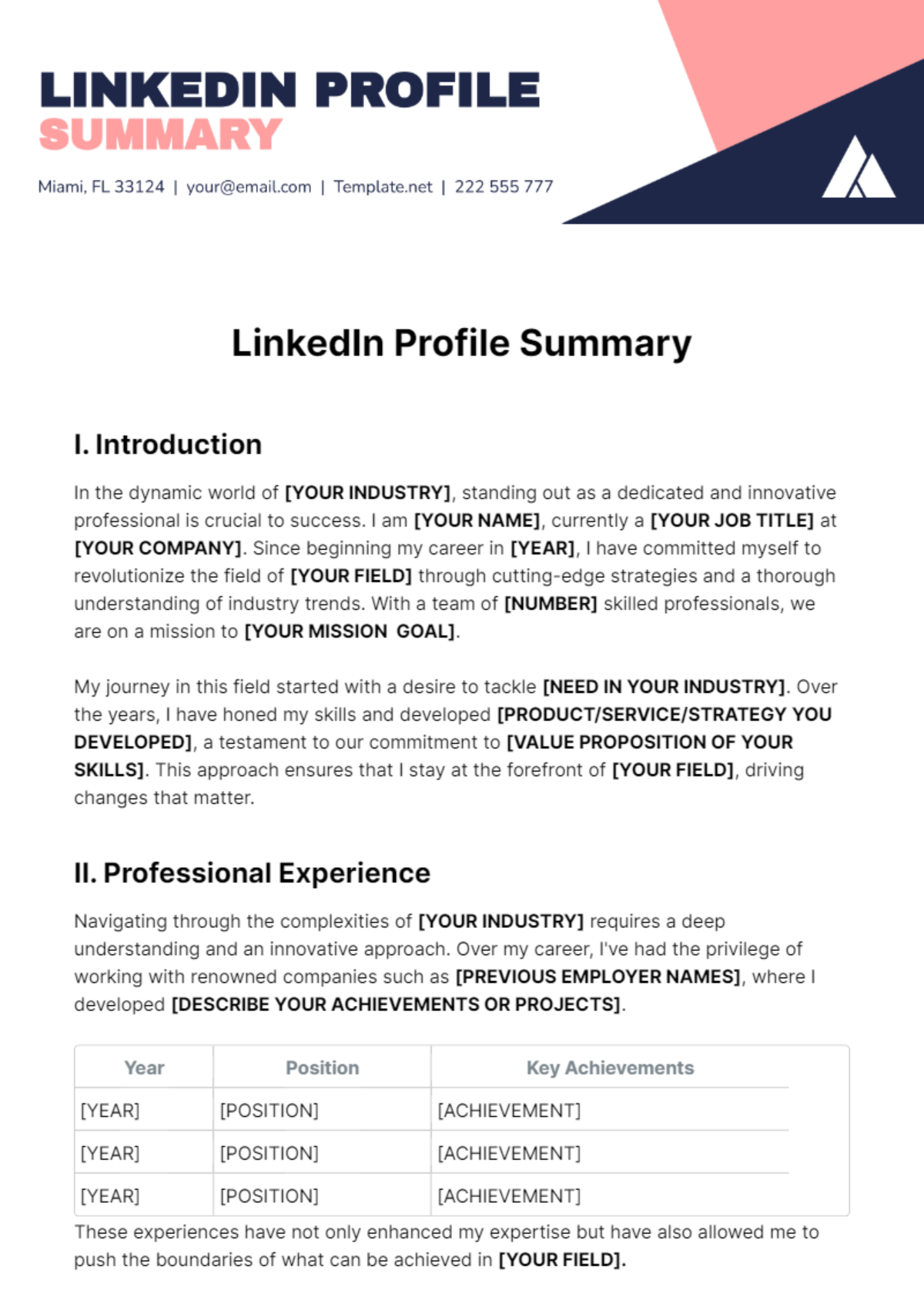 LinkedIn Profile Summary Template