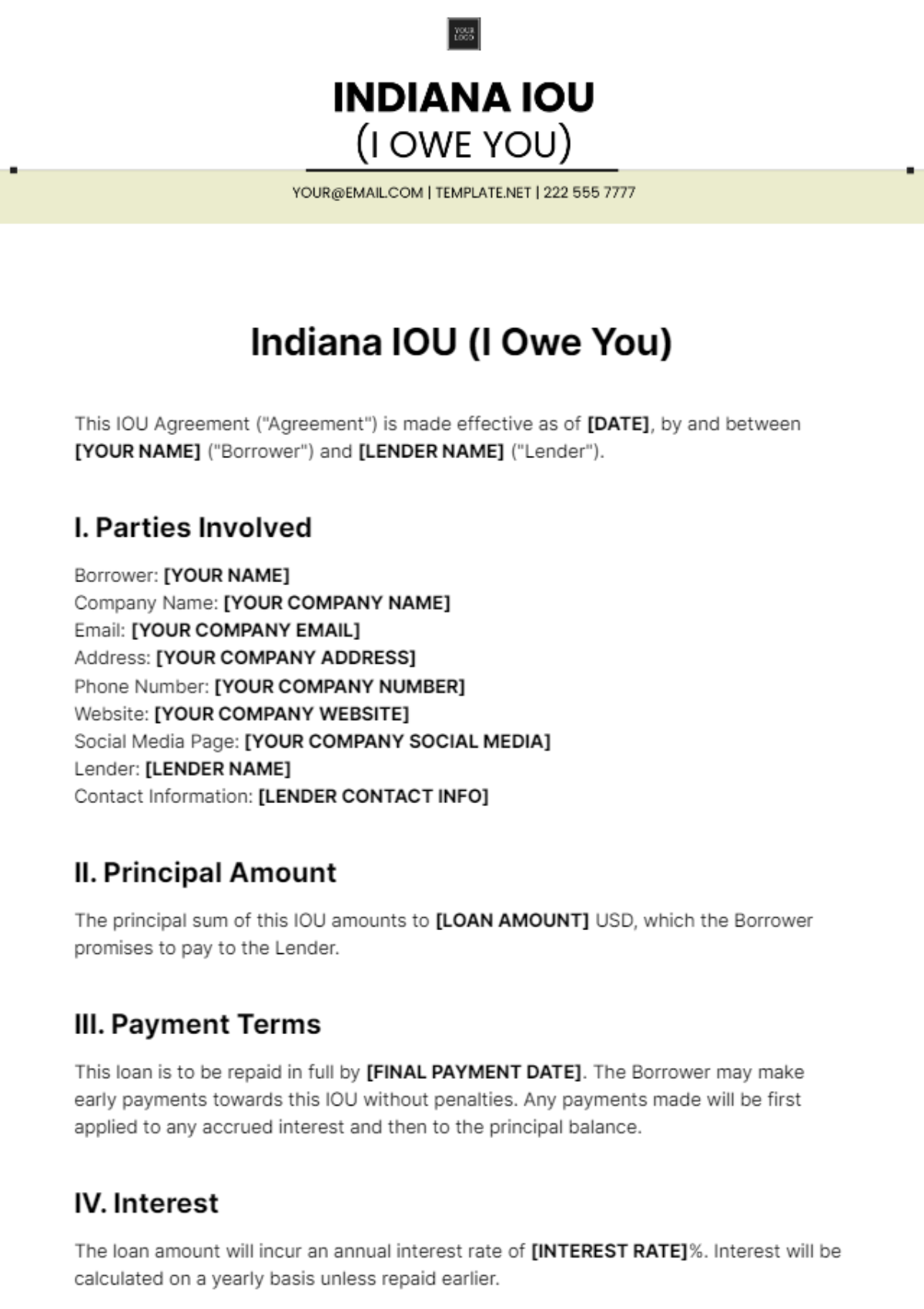 Indiana IOU Template - Edit Online & Download