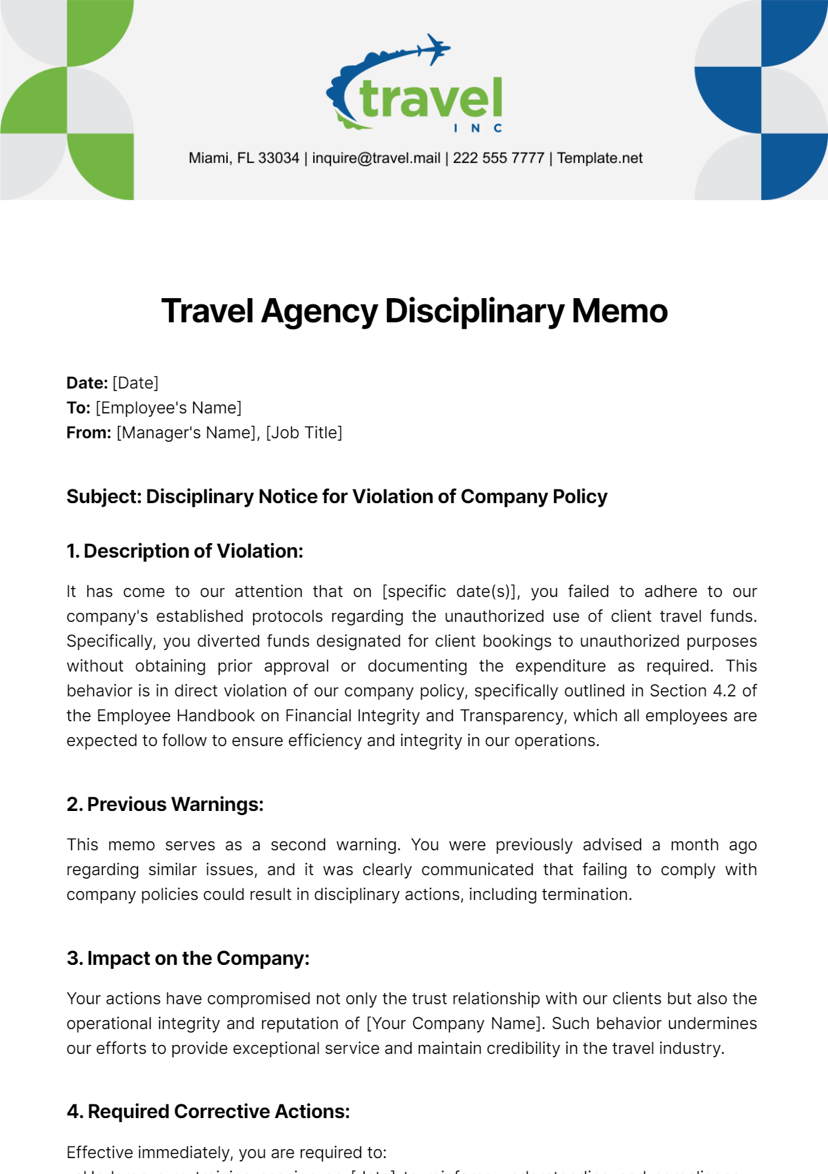 Travel Agency Disciplinary Memo Template