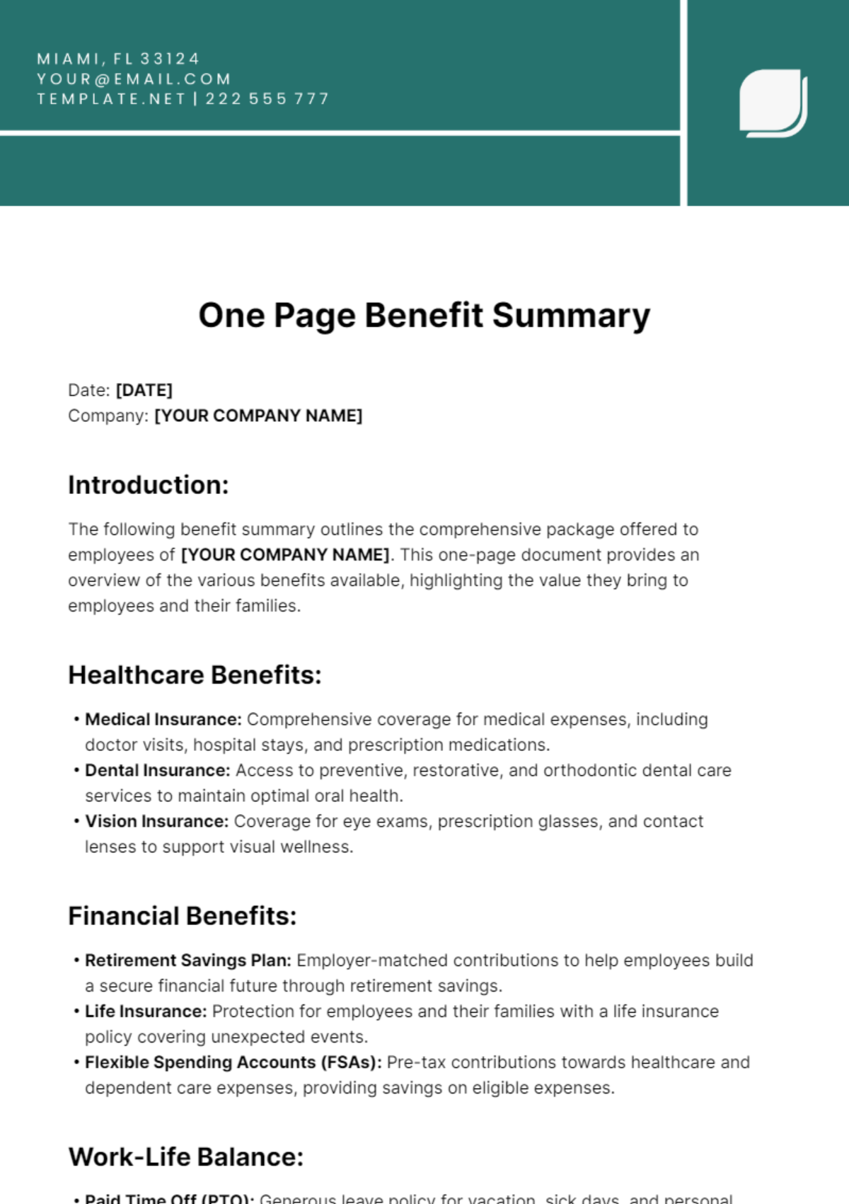 One Page Benefit Summary Template