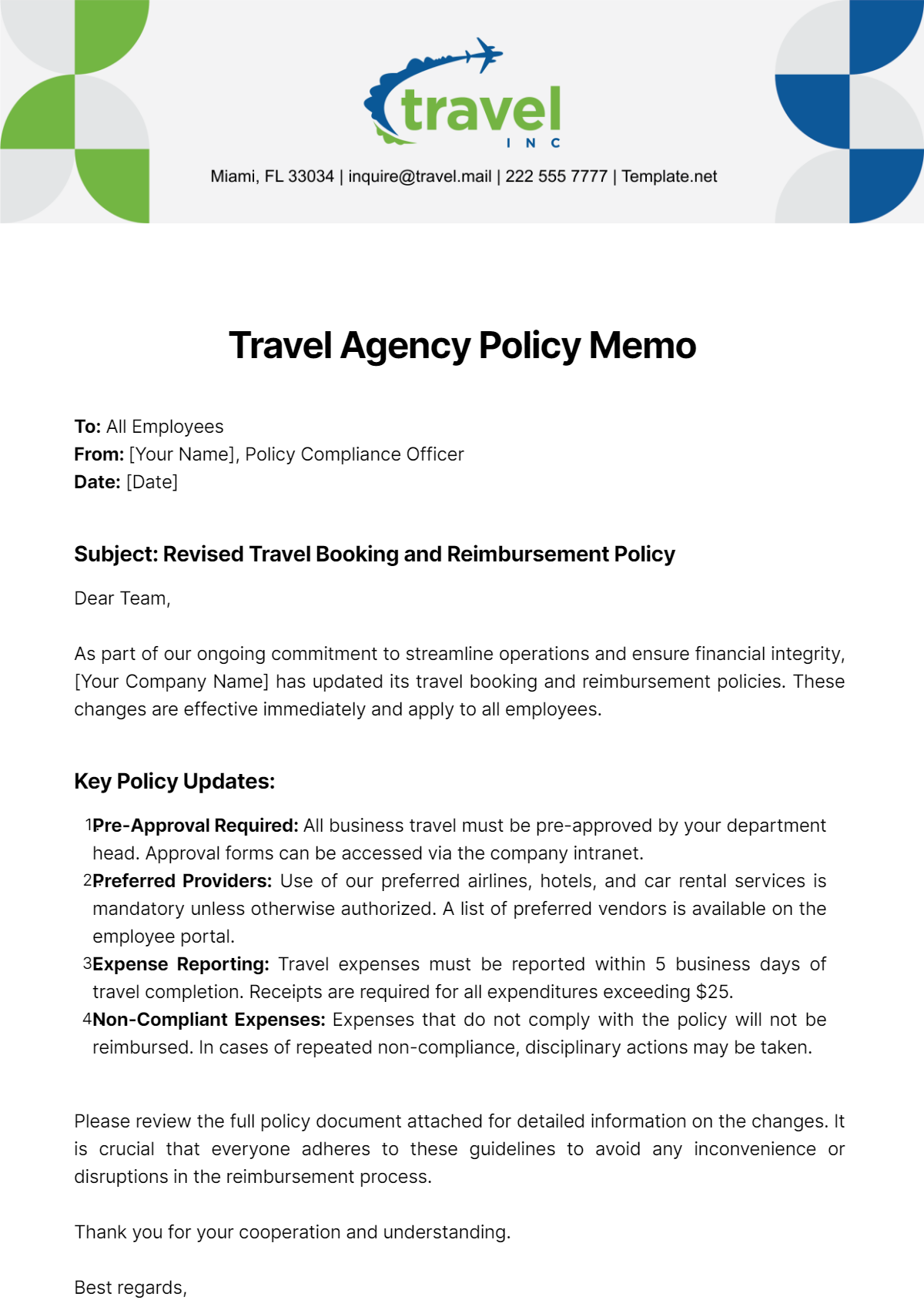 Travel Agency Policy Memo Template