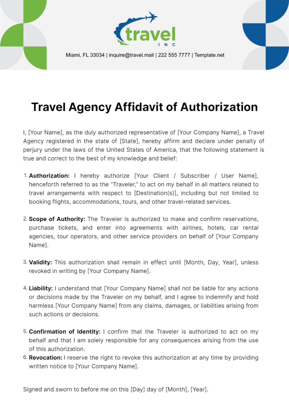 Travel Agency Affidavit of Authorization Template