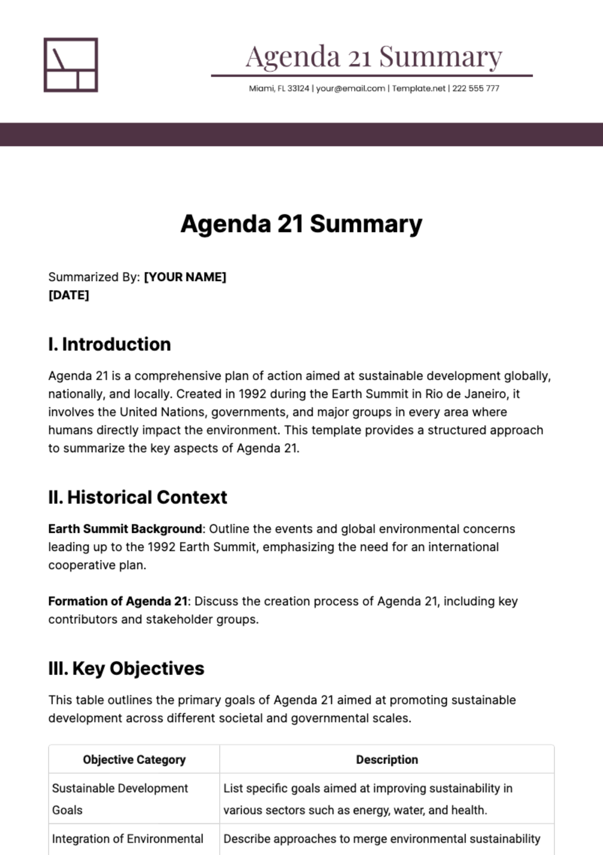 Free Agenda 21 Summary Template