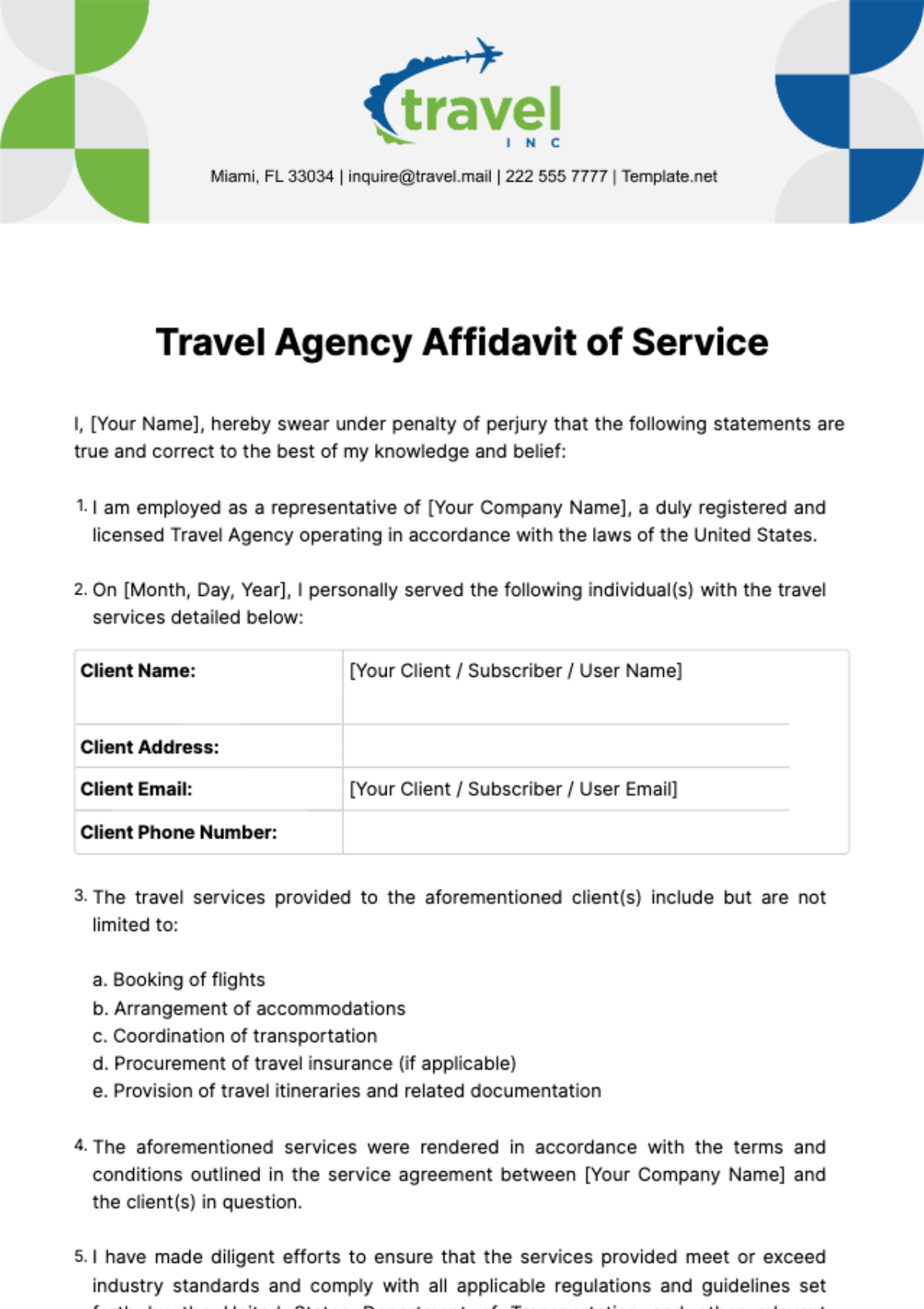 Travel Agency Affidavit of Service Template