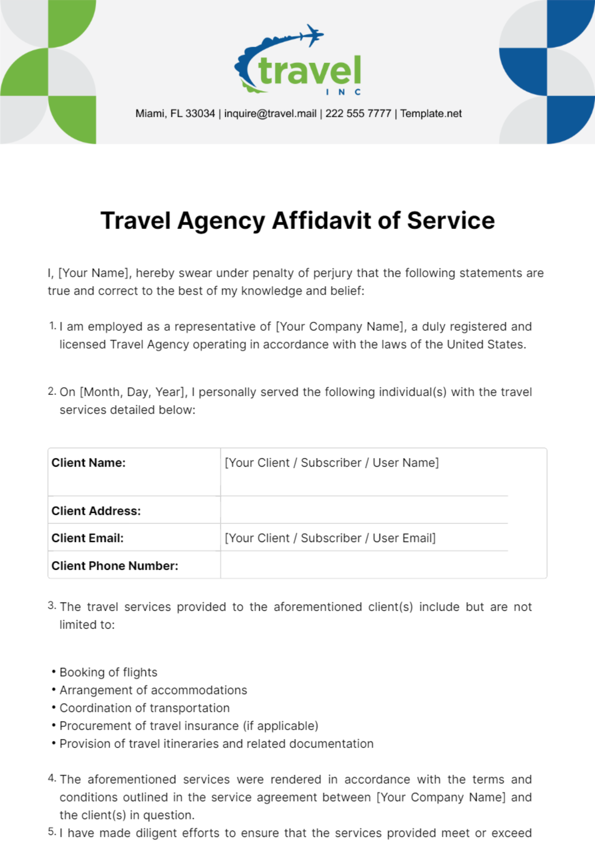 Travel Agency Affidavit of Service Template