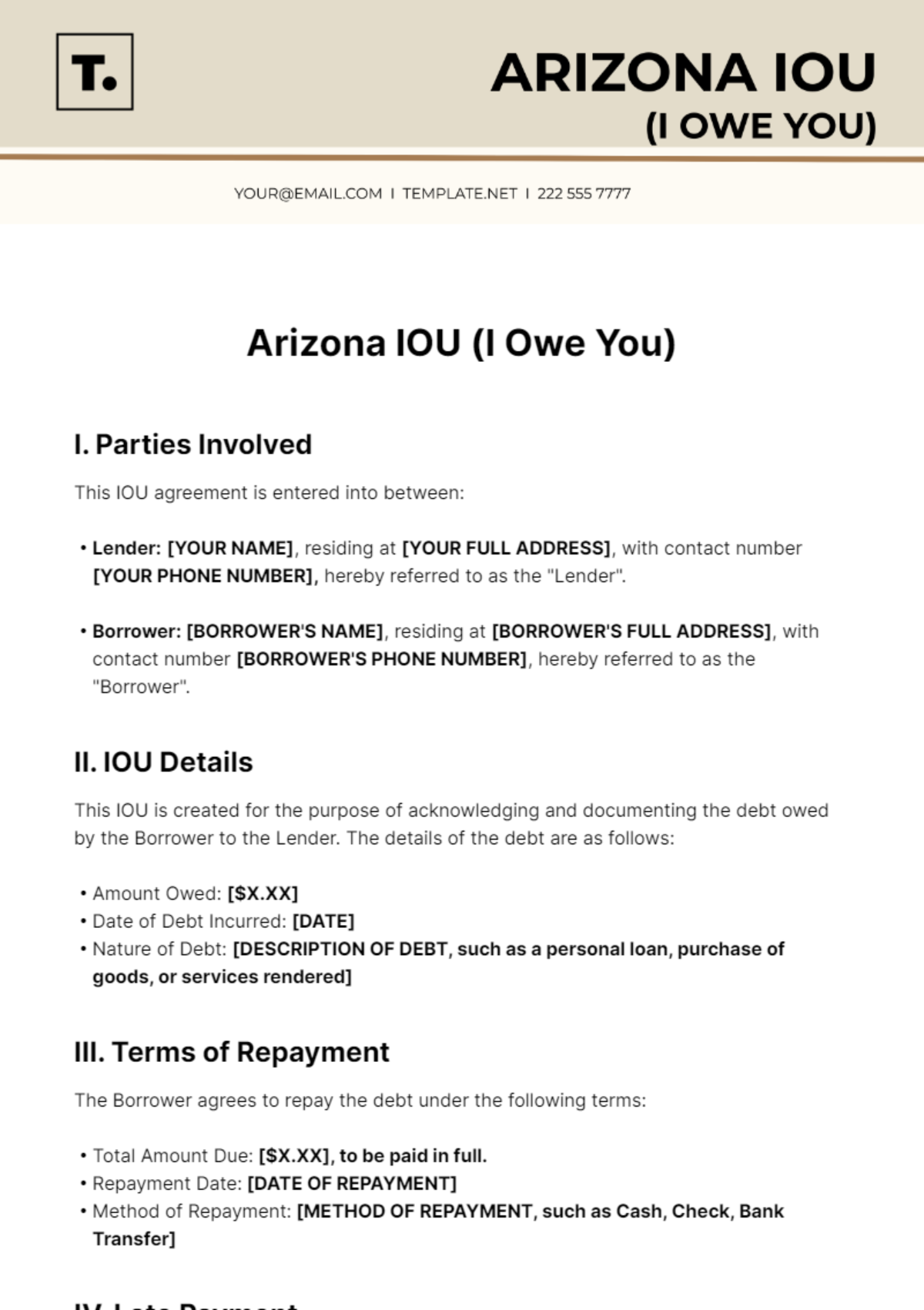 Arizona IOU Template