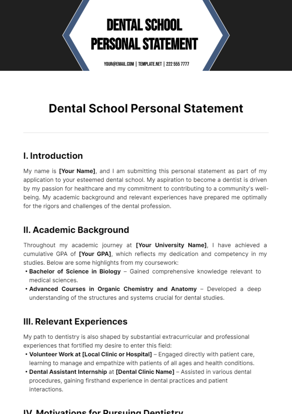 Dental School Personal Statement Template