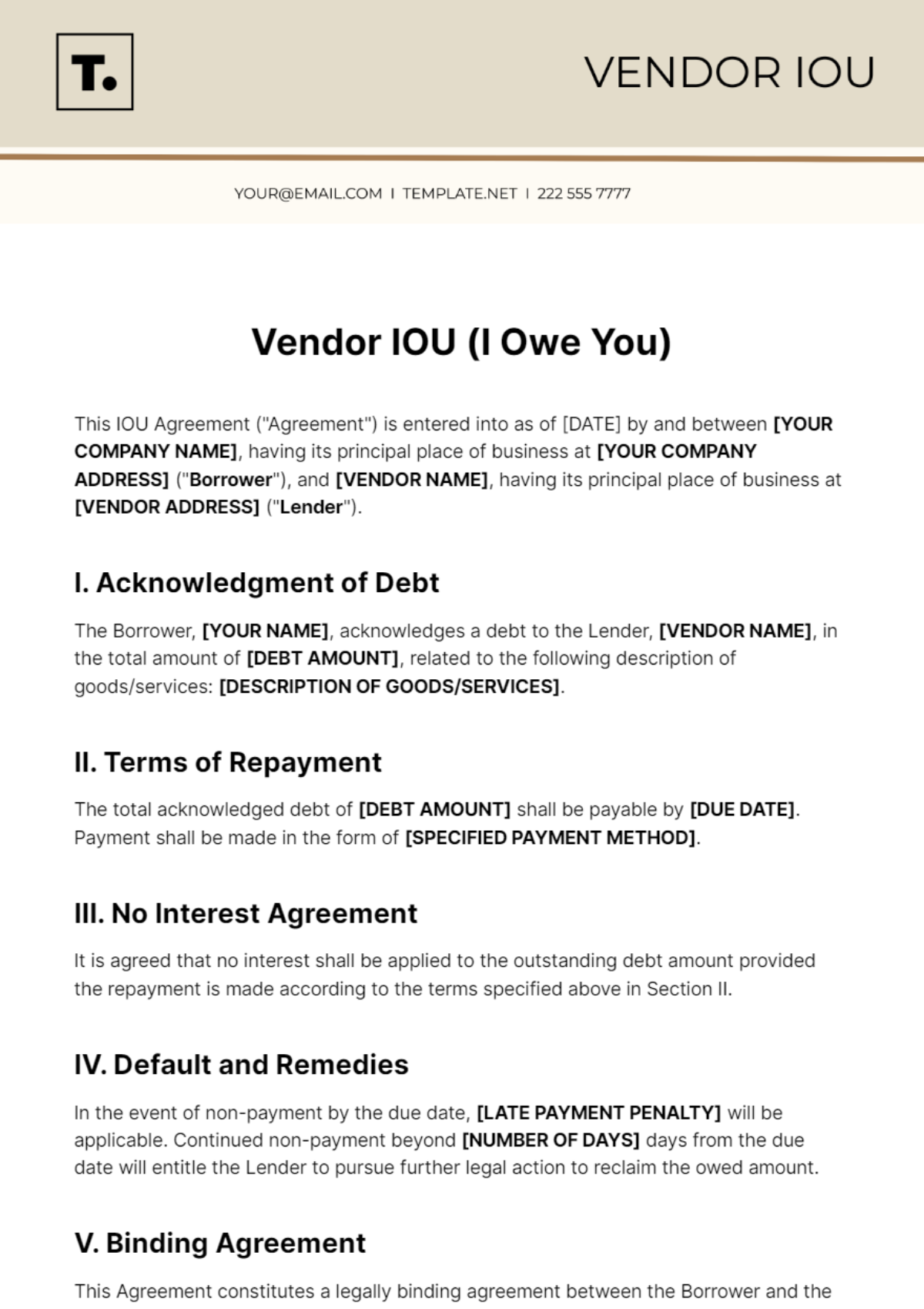 Vendor IOU Template