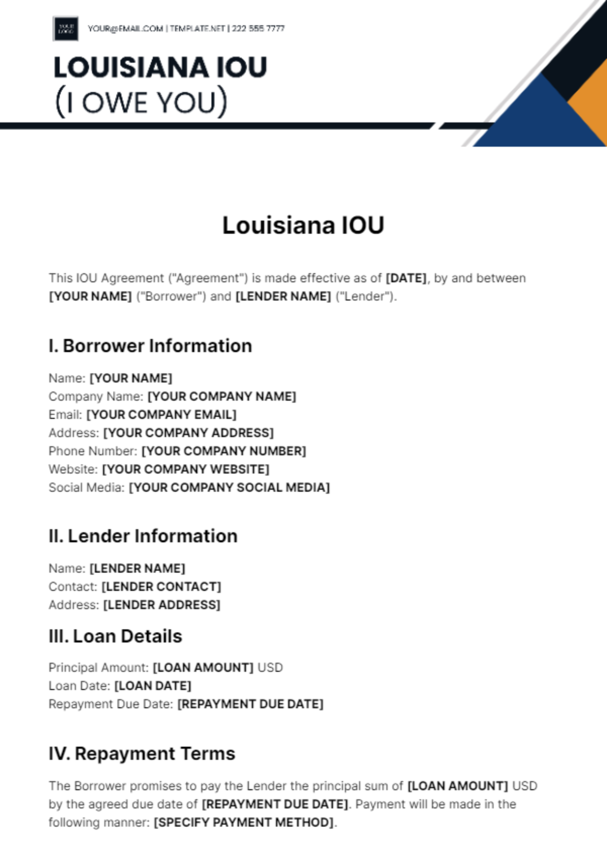 Free Louisiana IOU Template