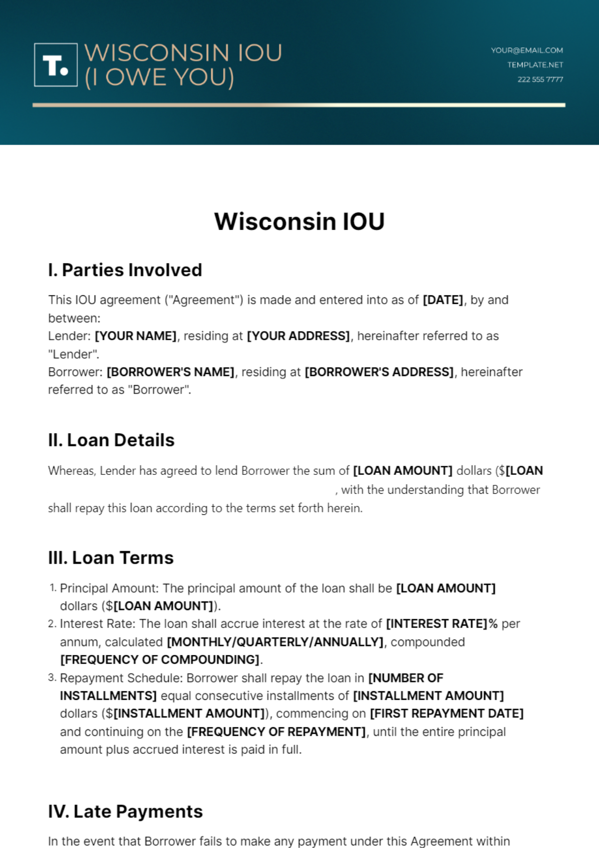 Free Wisconsin IOU Template