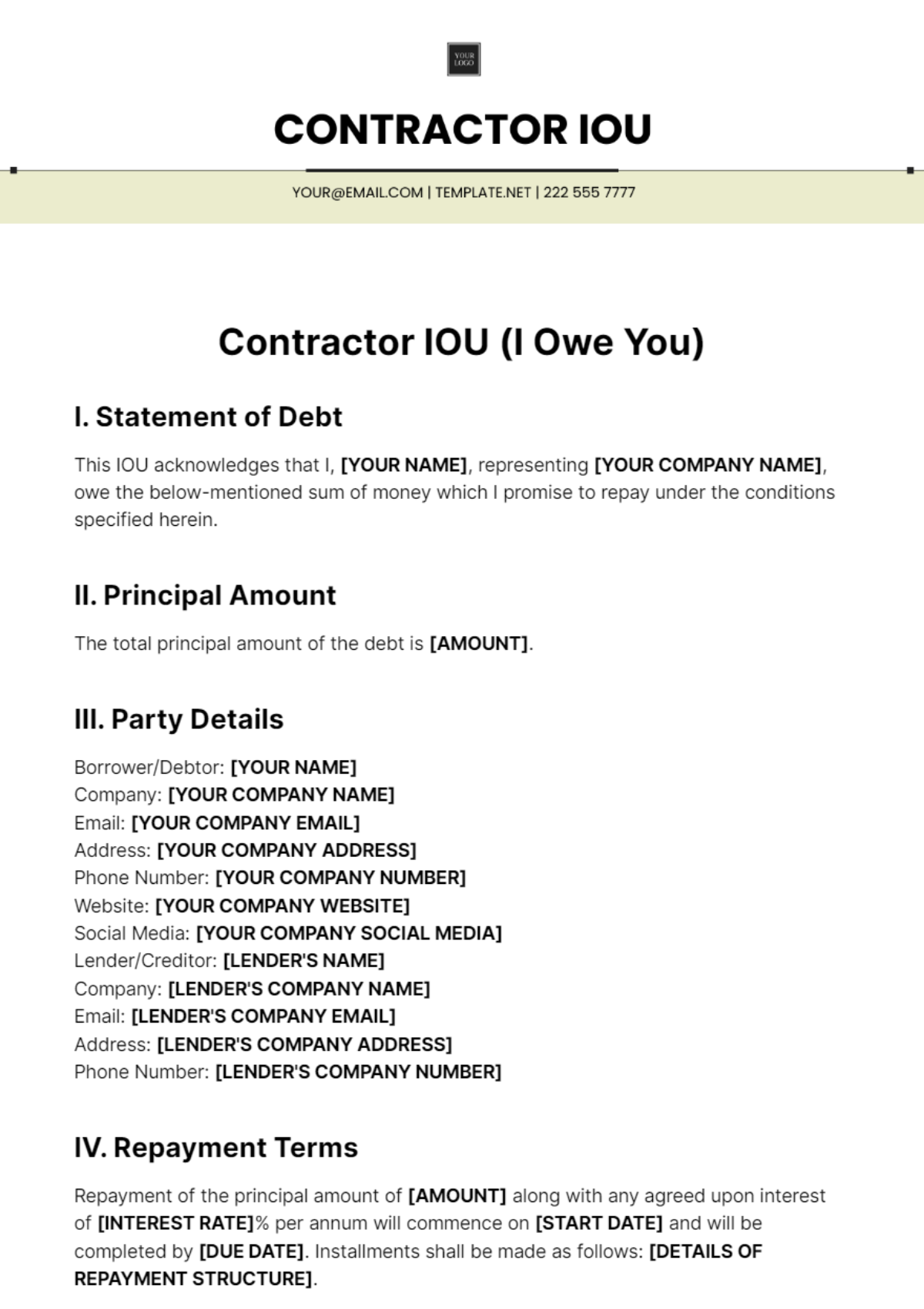 Free Contractor IOU Template