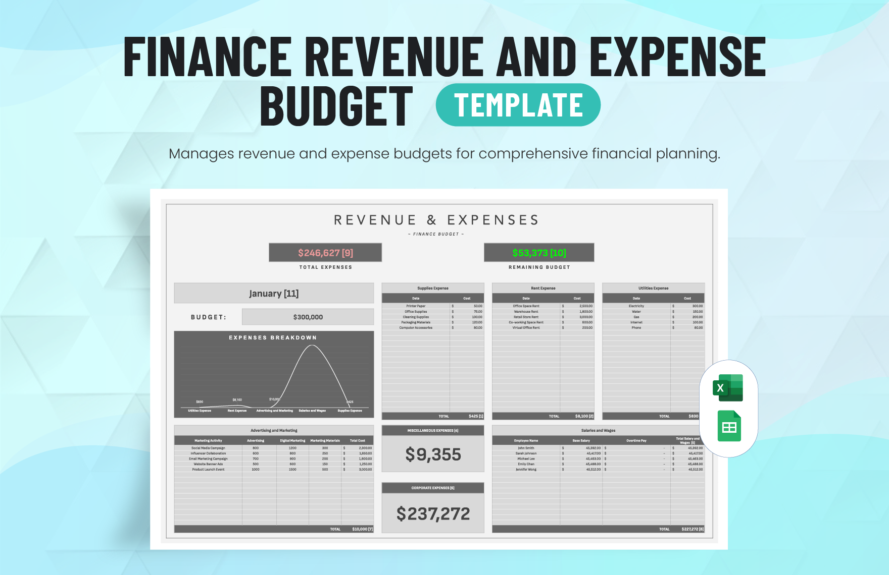 Finance Revenue and Expense Budget Template in Excel, Google Sheets