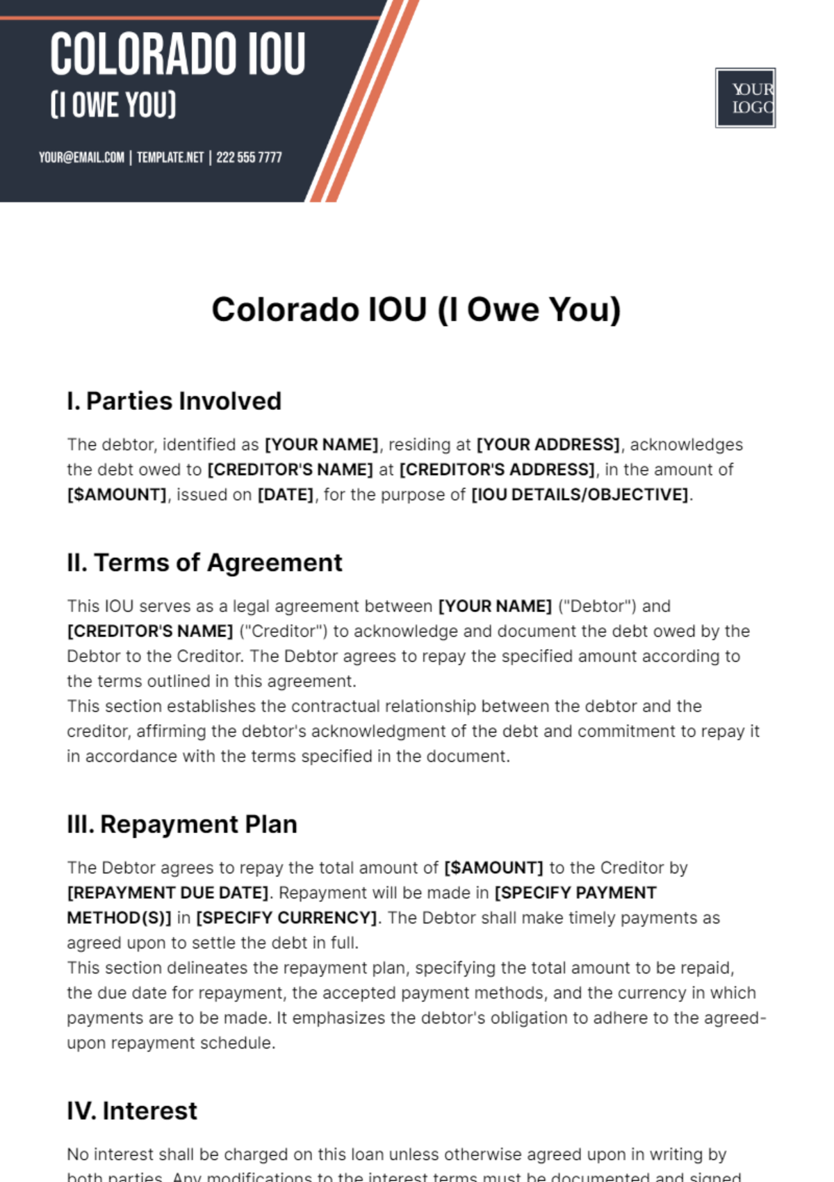 Free Colorado IOU Template