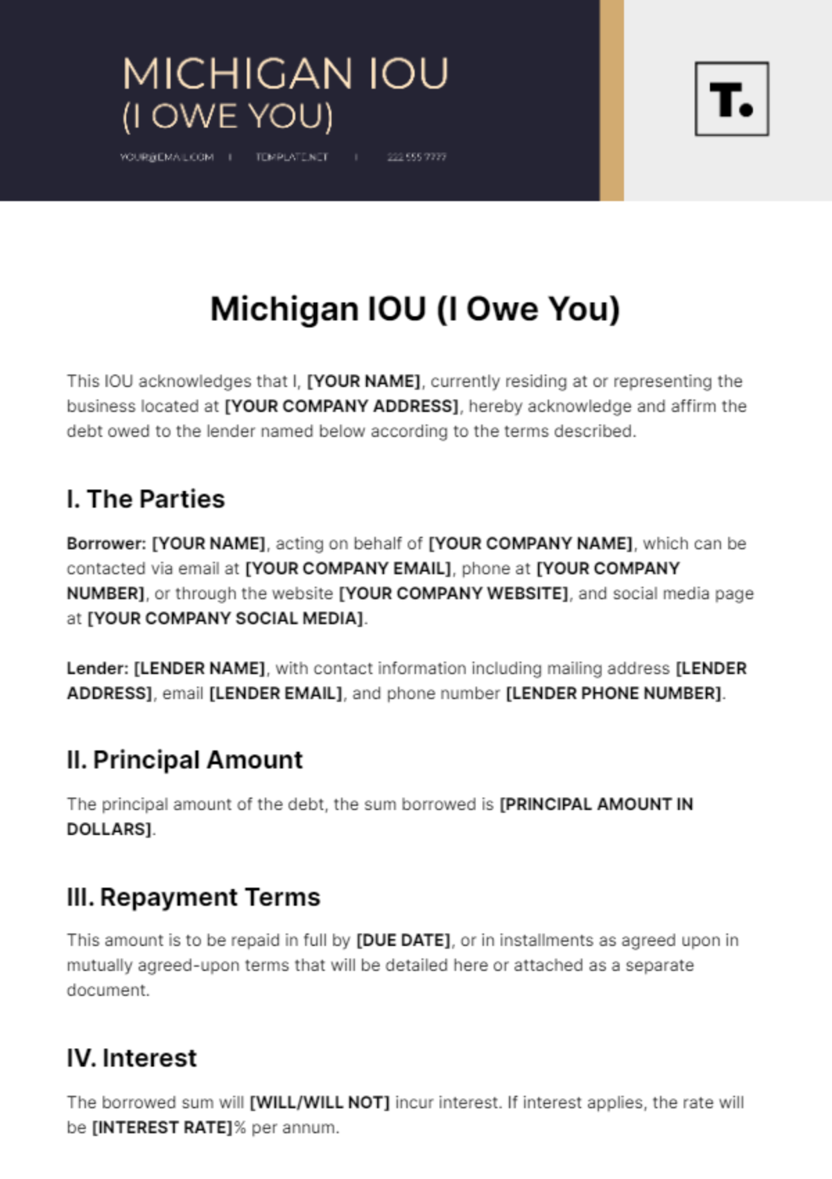 Free Michigan IOU Template