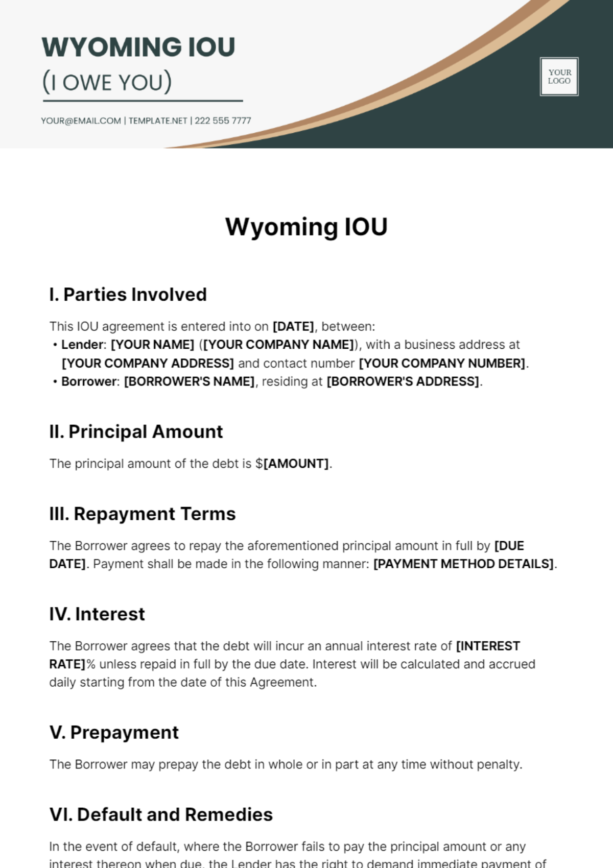Free Wyoming IOU Template
