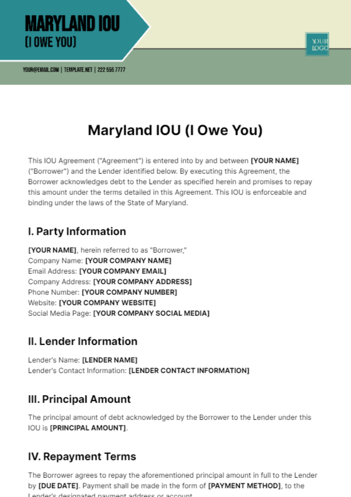 Free Maryland IOU Template