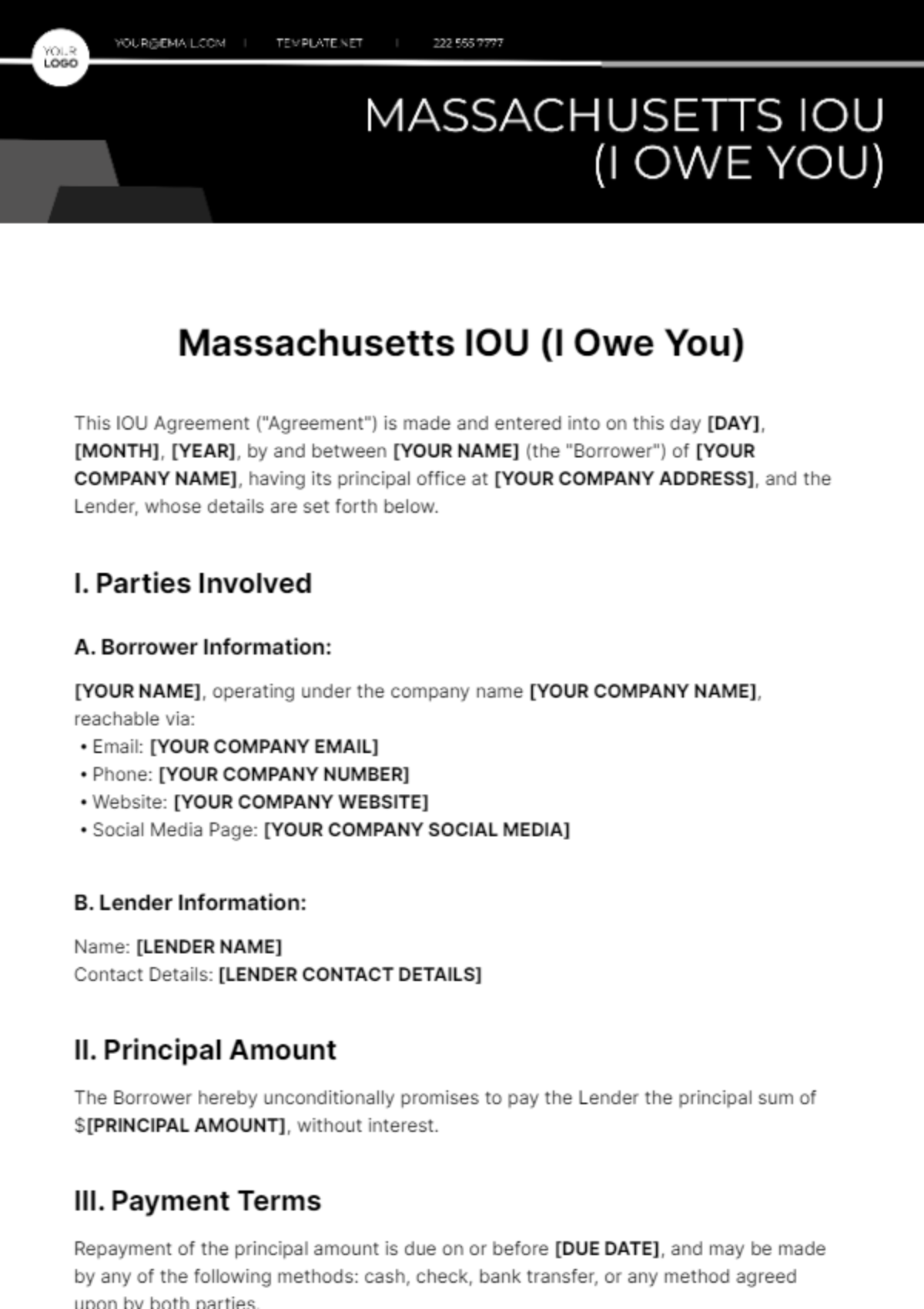 Free Massachusetts IOU Template