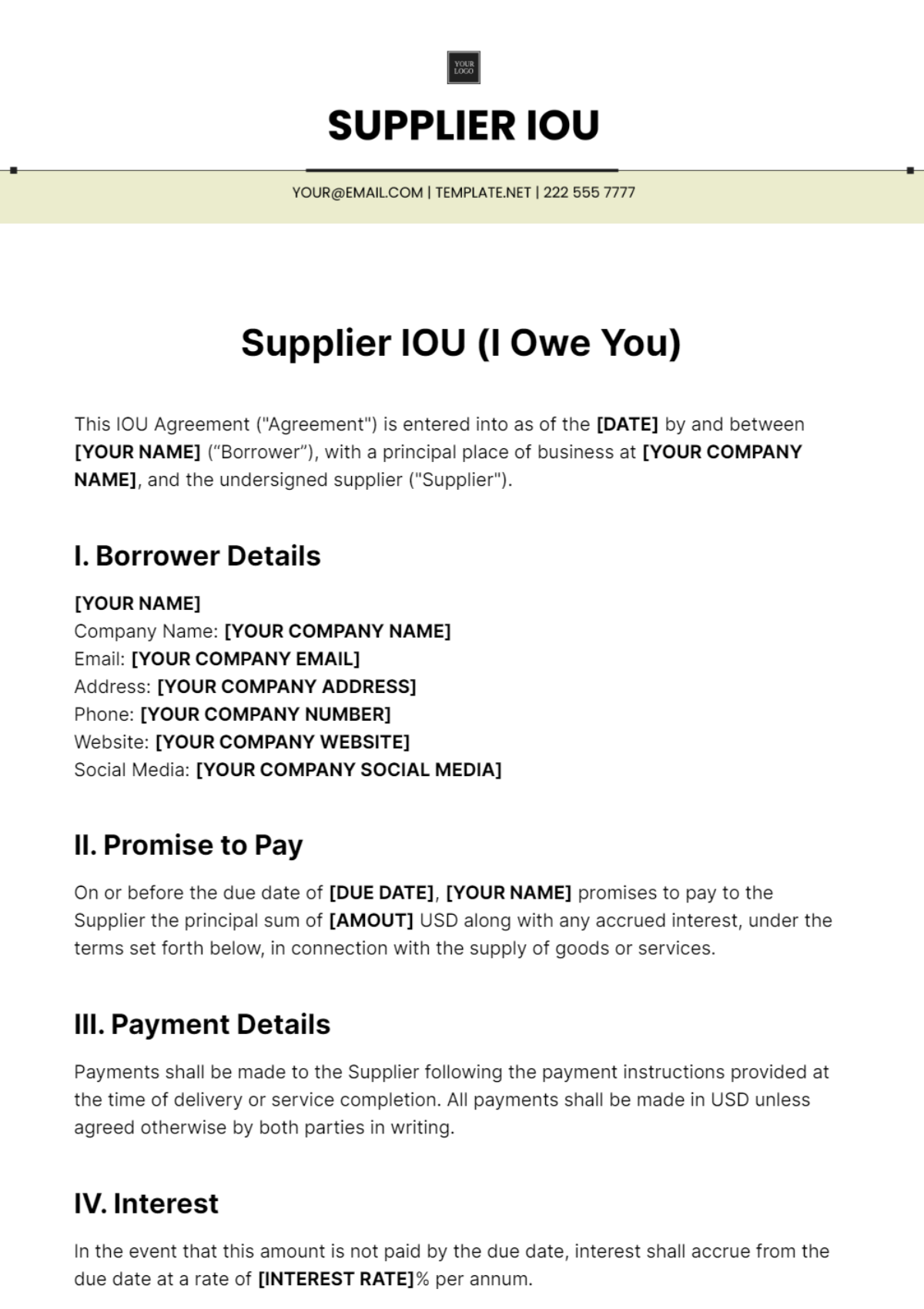 Free Supplier IOU Template