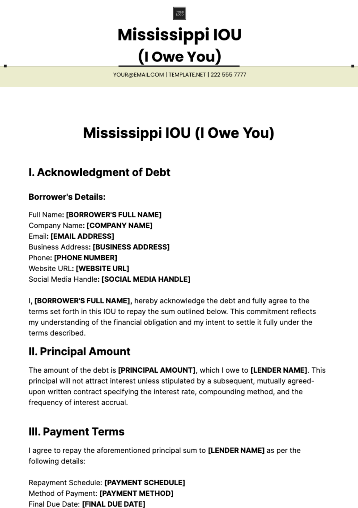 Free Mississippi IOU Template