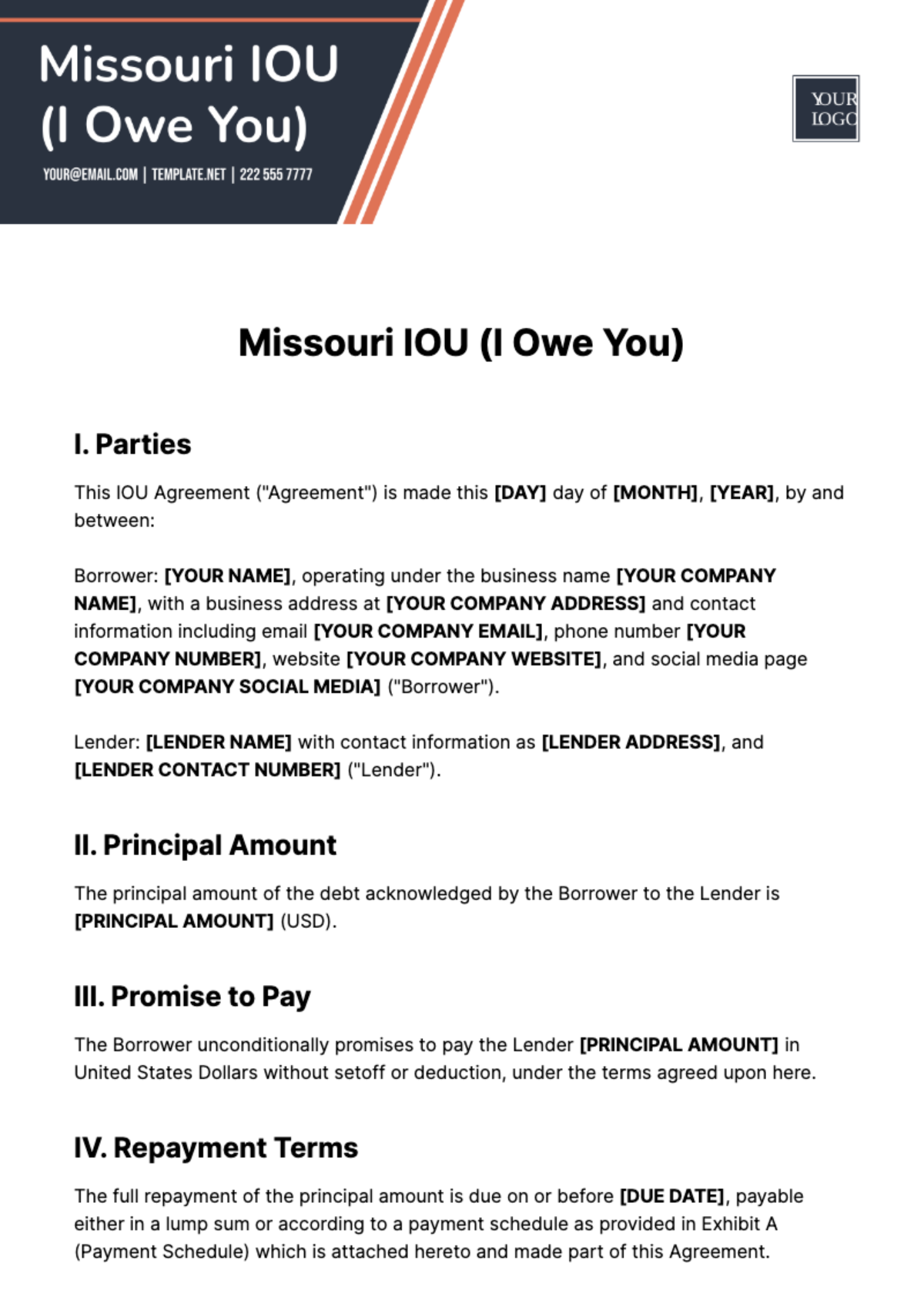 Free Missouri IOU Template