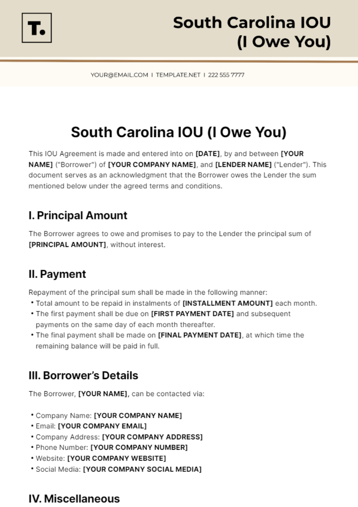 Free South Carolina IOU Template