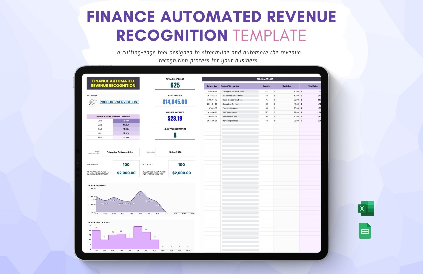 Finance Automated Revenue Recognition Template in Excel, Google Sheets