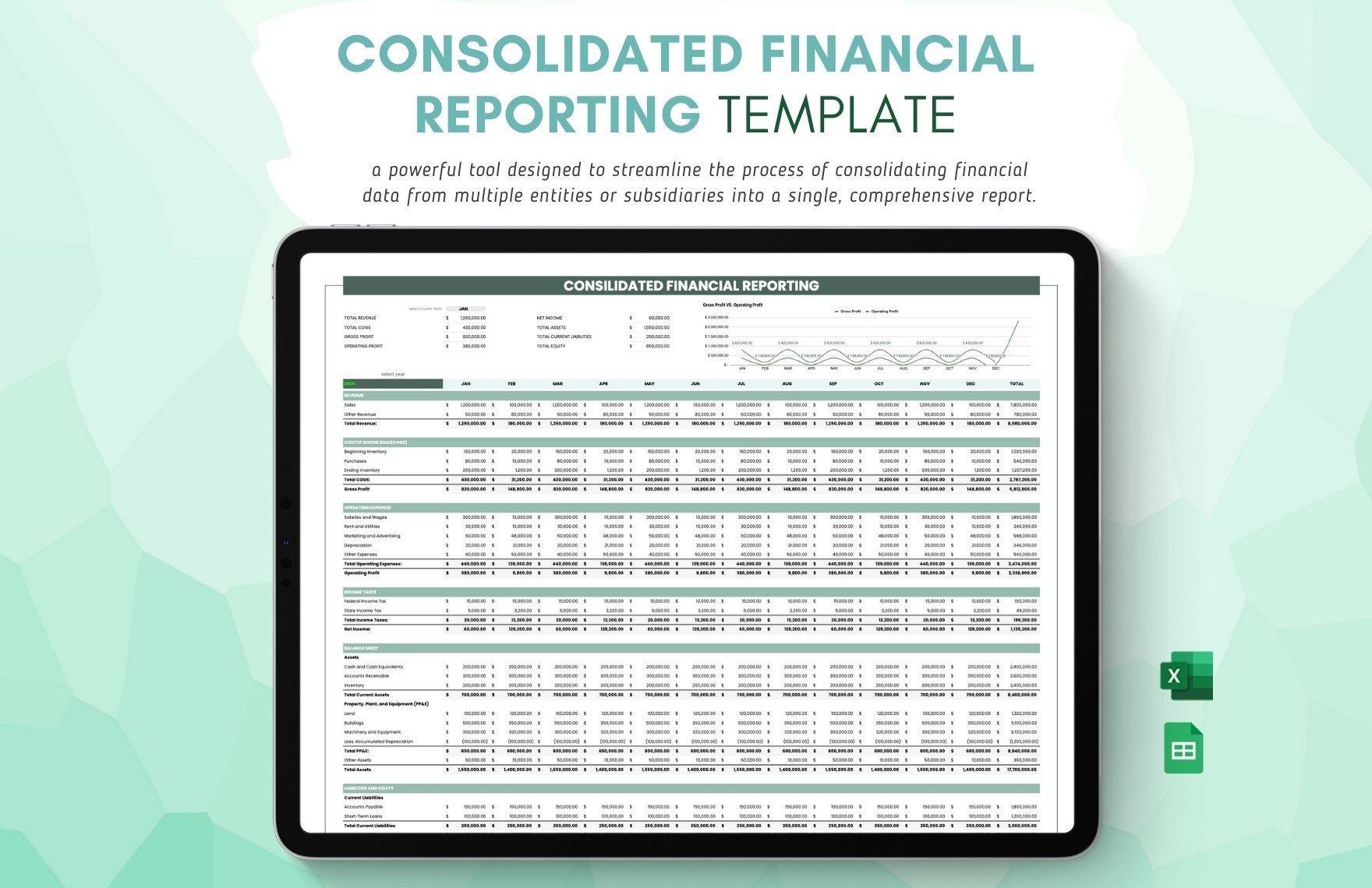 Consolidated Financial Reporting Template in Excel, Google Sheets