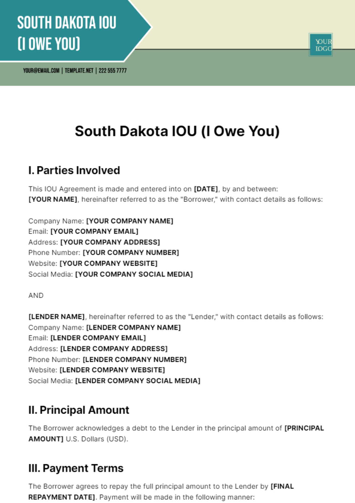 Free South Dakota IOU Template