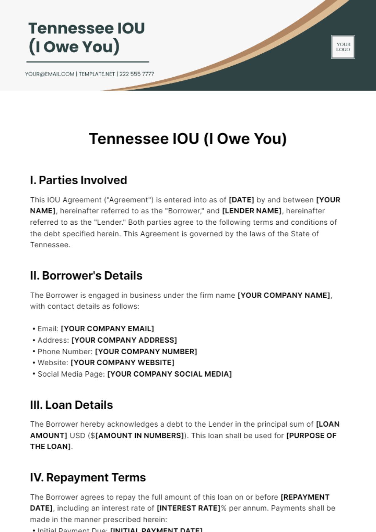 Free Tennessee IOU Template