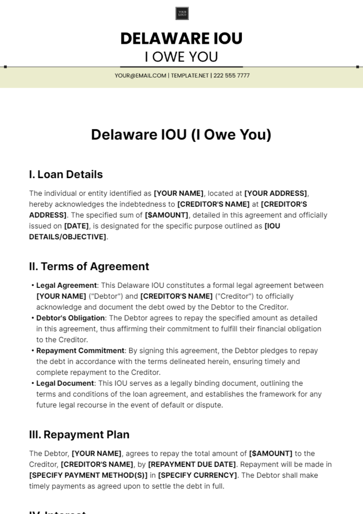 Free Delaware IOU Template