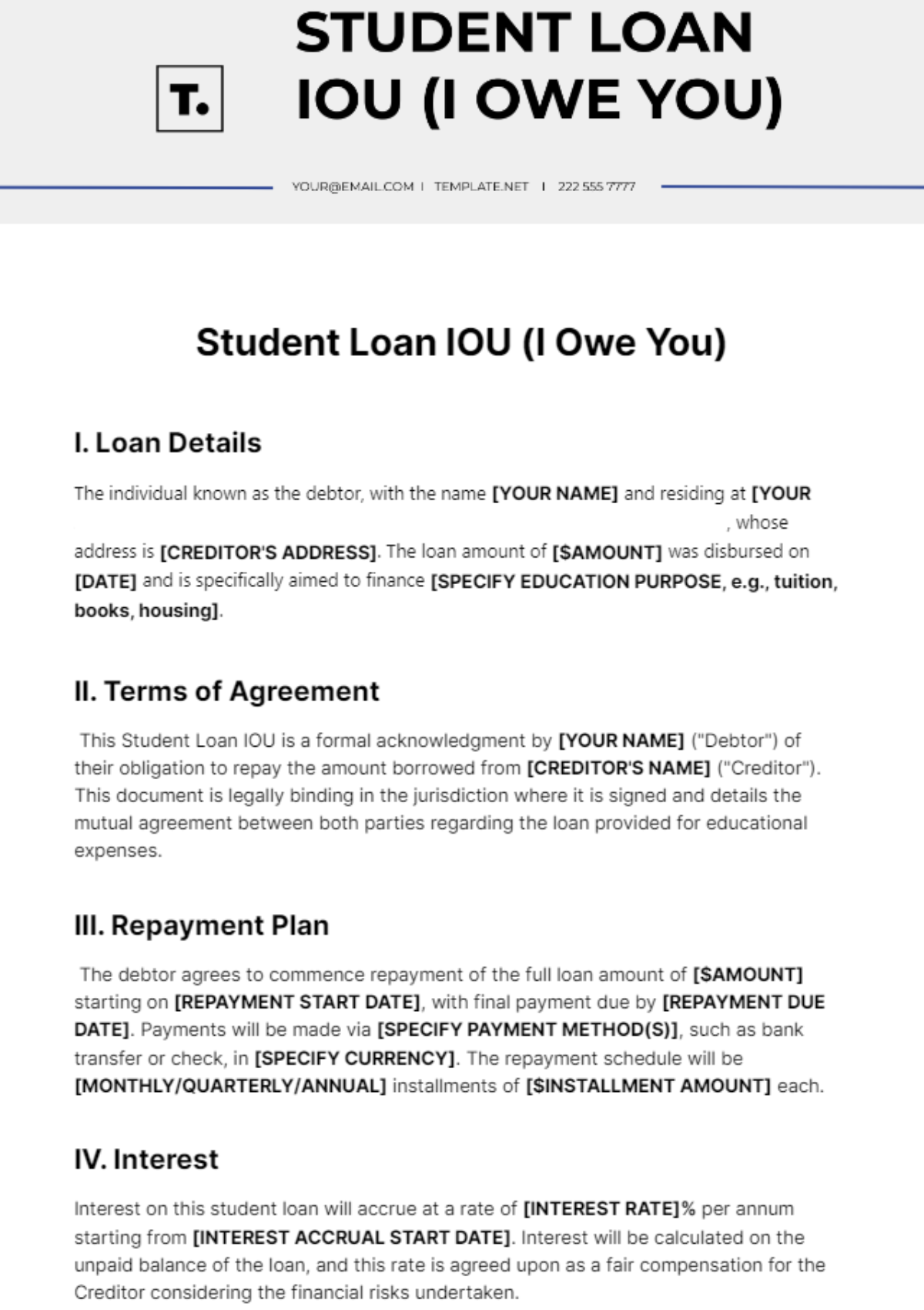 Student Loan IOU Template
