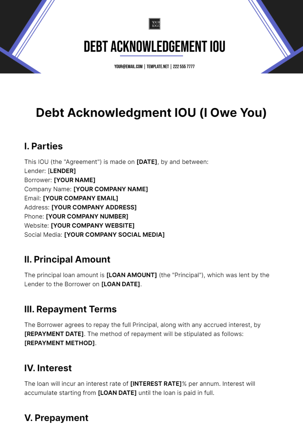 Free Debt Acknowledgment IOU Template
