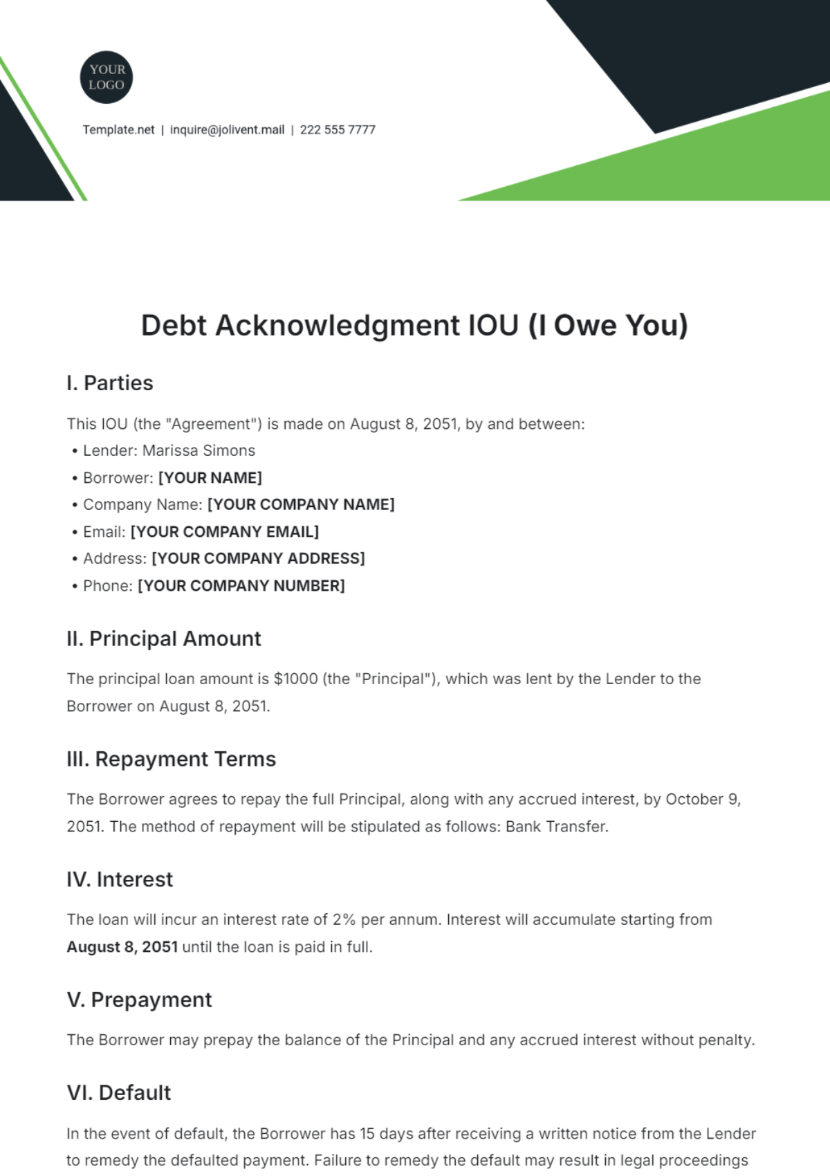 Debt Acknowledgment IOU Template - Edit Online & Download