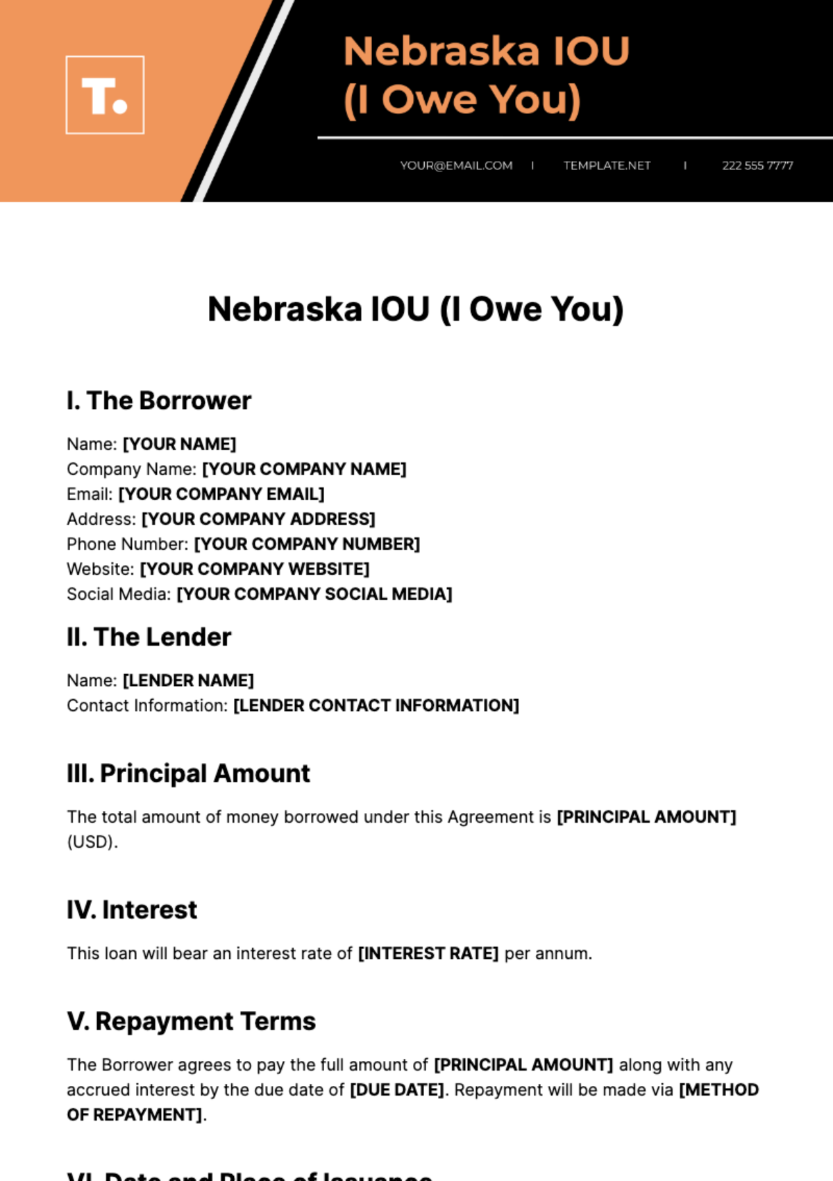 Free Nebraska IOU Template