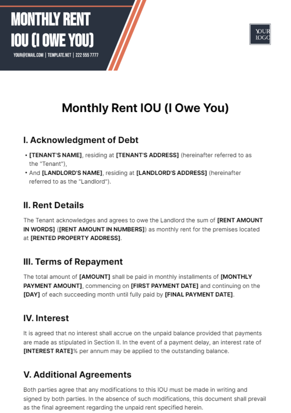 Free Monthly Rent IOU Template