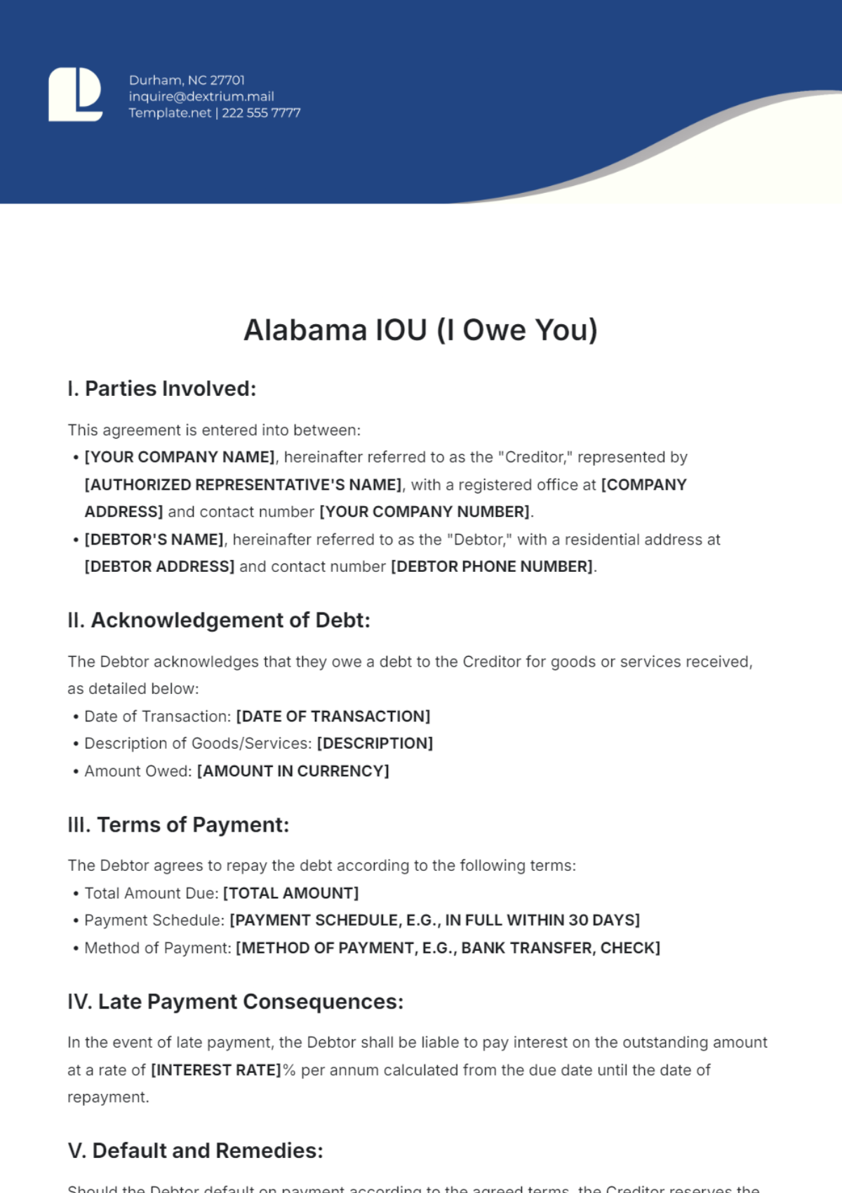 Alabama IOU Template - Edit Online & Download