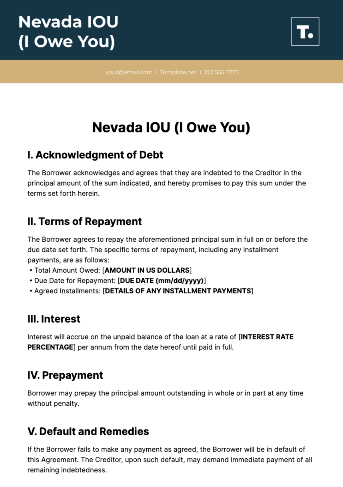 Free Nevada IOU Template