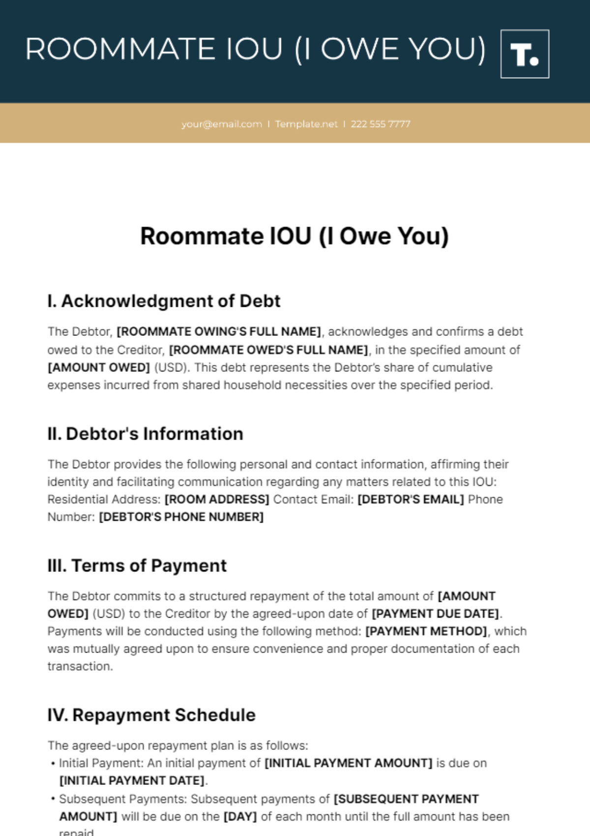 Free Roommate IOU Template