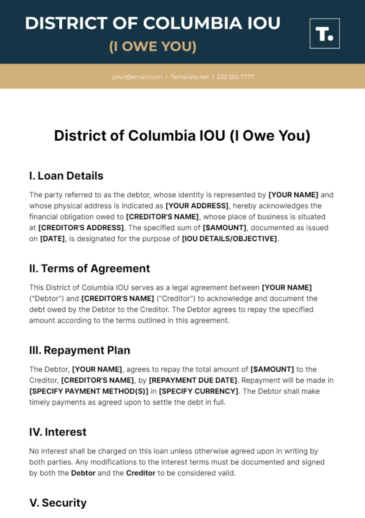 District Of Columbia IOU Template
