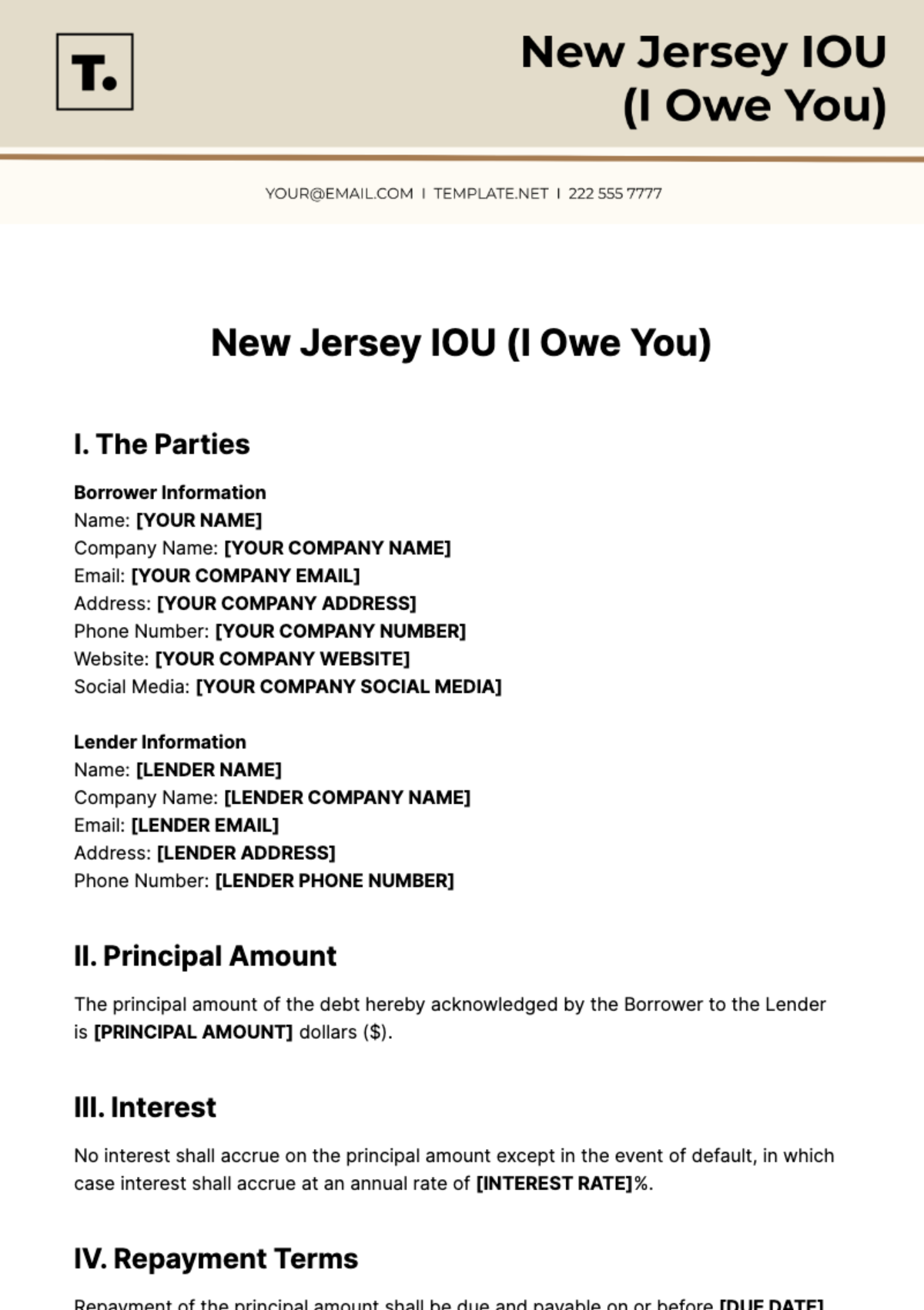 New Jersey IOU Template